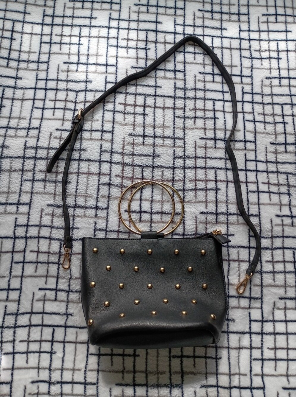 Melie Bianco Black Studded Crossbody Bag with Gold Ring Handle NEVER USED